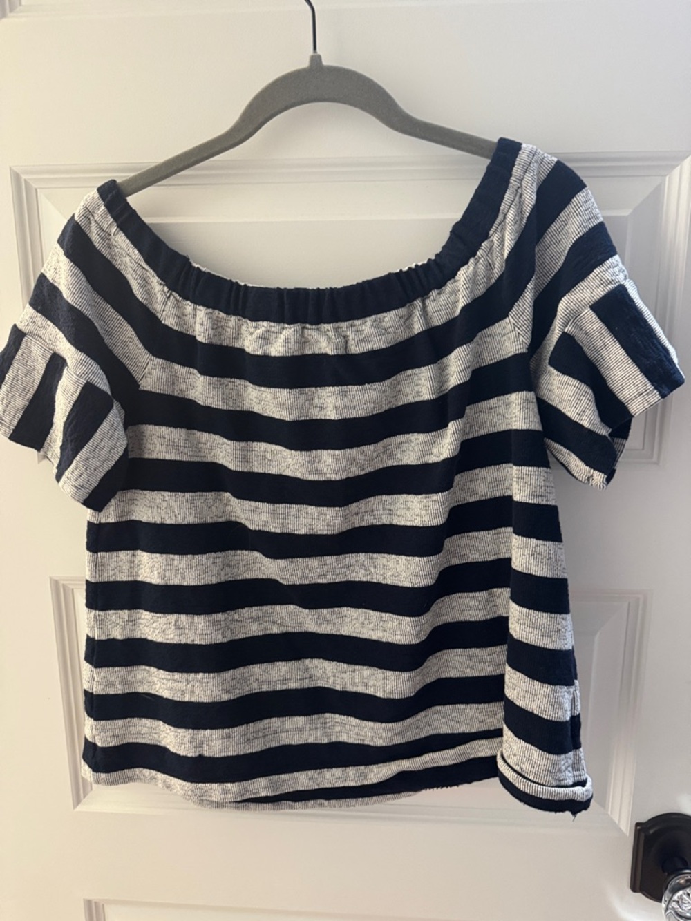 Madewell Navy and White Striped Off-Shoulder Tunic